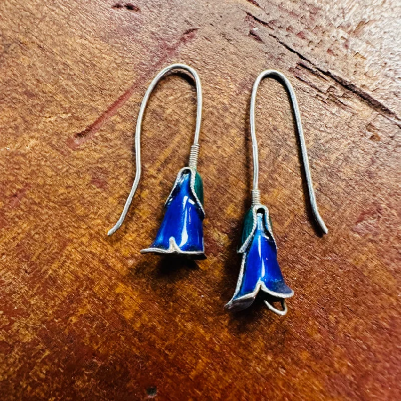 Vintage Sterling Silver & Cobalt Blue Enamel Flower Earrings