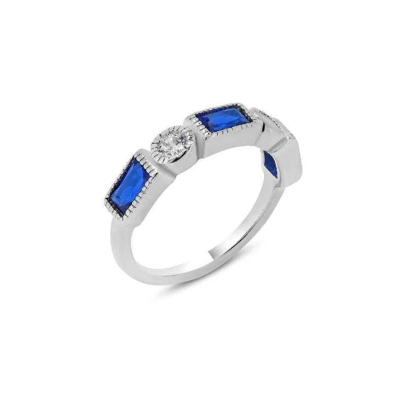 Rhodium Plated 925 Sterling Silver Alternating Blue Rectangle and Clear Round CZ Ring - BGR01111BLU