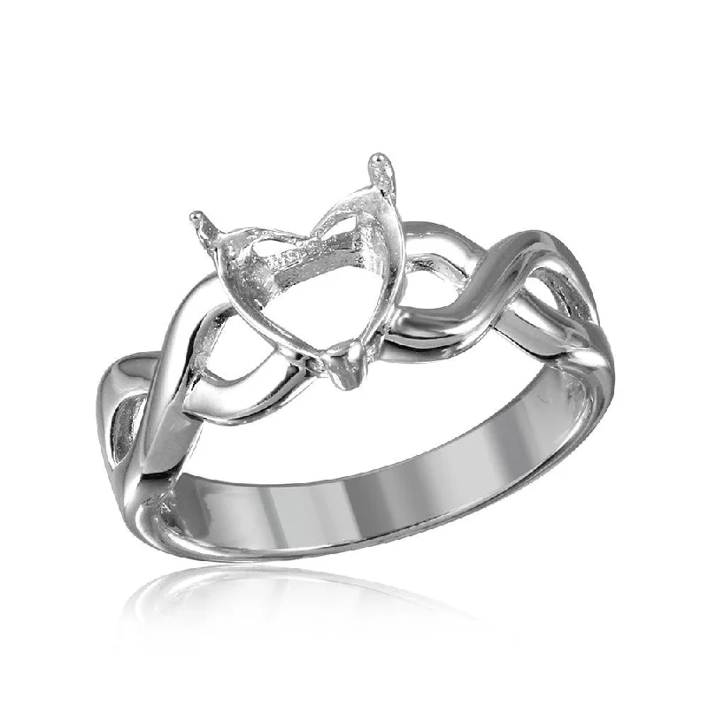 Silver 925 Rhodium Plated Open Overlap Shank Heart Stone Mounting Ring - BGR01218