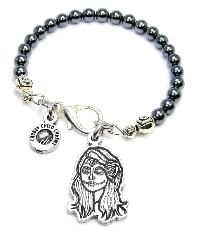 Modern Calavera Hematite Glass Bracelet