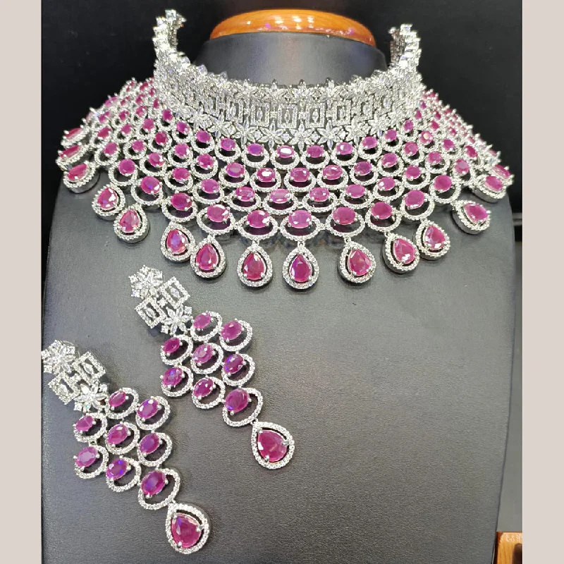 Jain Jewellers Silver Plated AD Stone Choker Necklace Set