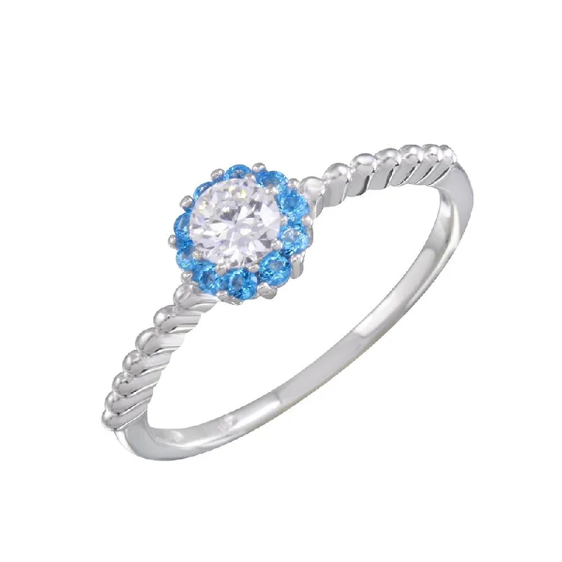 Rhodium Plated 925 Sterling Silver Round Blue and Clear CZ Ring - BGR01155