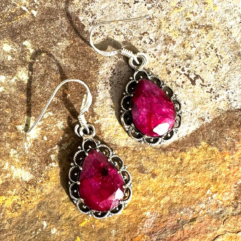 Sterling Silver Red Sapphire Pierced Earrings