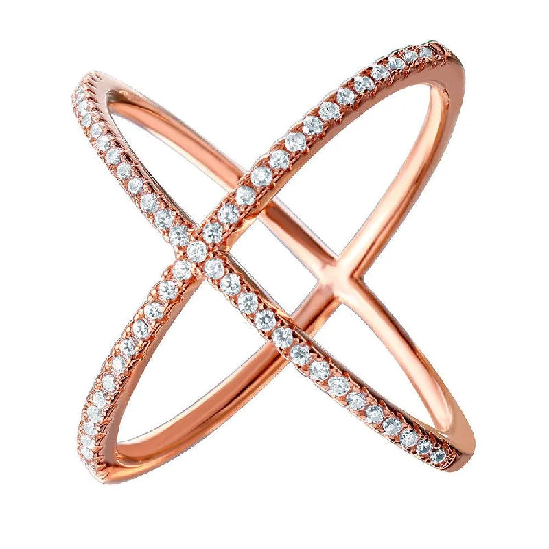 Silver 925 Nickel Free Rose Gold Plated 4 Way CZ Cross Ring - GMR00039RGP