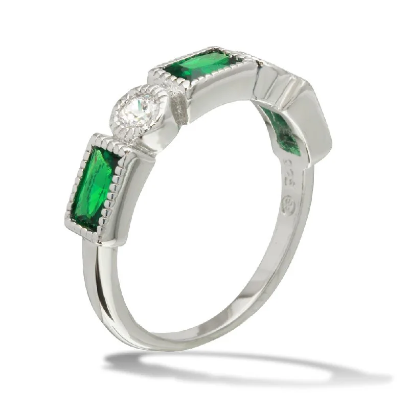 Rhodium Plated 925 Sterling Silver Alternating Green Rectangle and Clear Round CZ Ring - BGR01111GRN