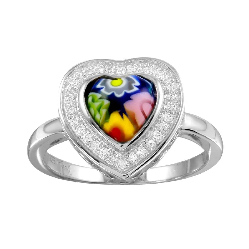 Rhodium Plated 925 Sterling Silver Heart Murano Glass Halo CZ Ring - MR00005