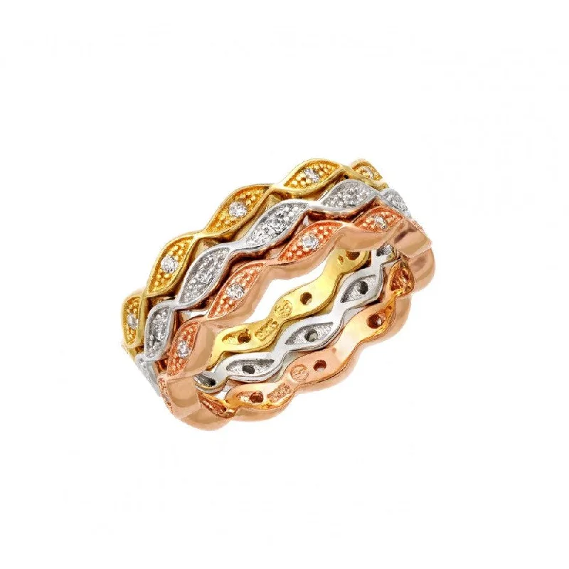 Silver 925 Rhodium Rose Gold and Gold Plated 3 Tone Stackable Eternity Ring Set - BGR00920