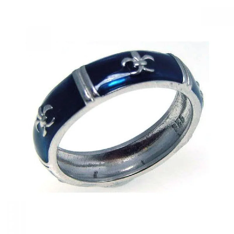 Silver 925 Rhodium Plated Blue Enamel Fleur De Lis Eternity Ring - STR00526