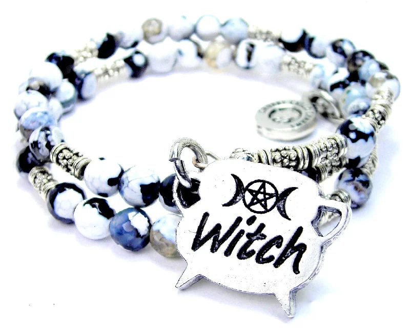 Triple Moon Pentacle Cauldron Witch Agate Stone Microcrystalline Quartz Wrap Bracelet