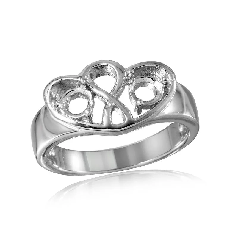 Silver 925 Rhodium Plated Double Open Heart Mounting Ring - BGR00497