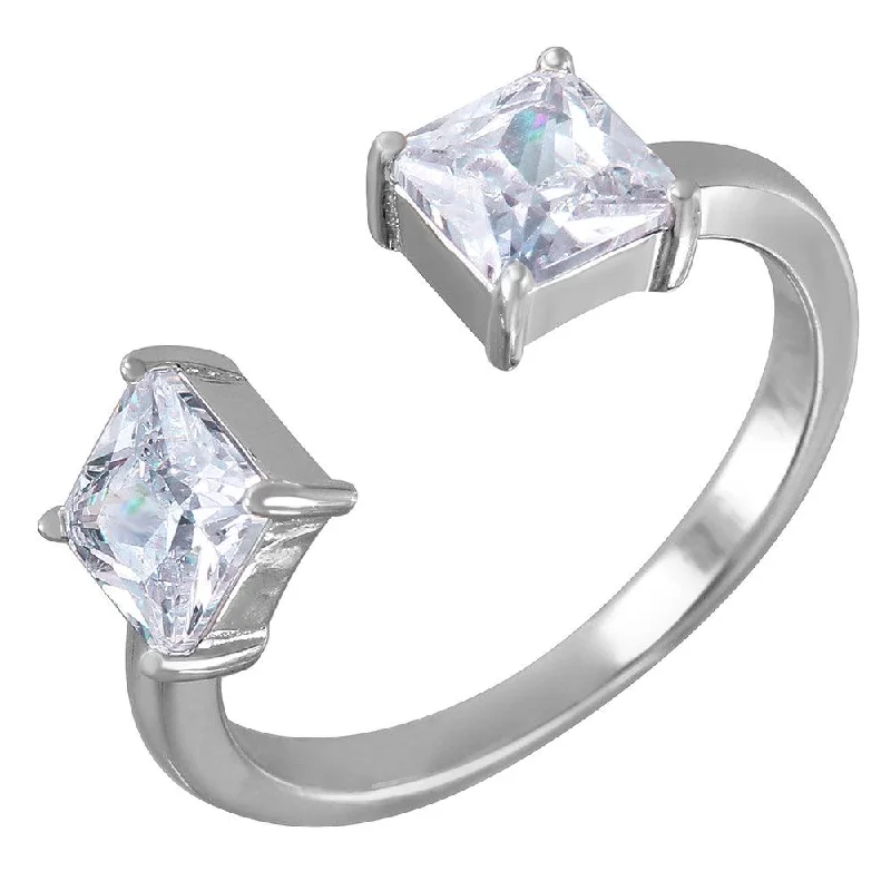 Silver 925 Square Open Adjustable CZ Ring - BGR00982