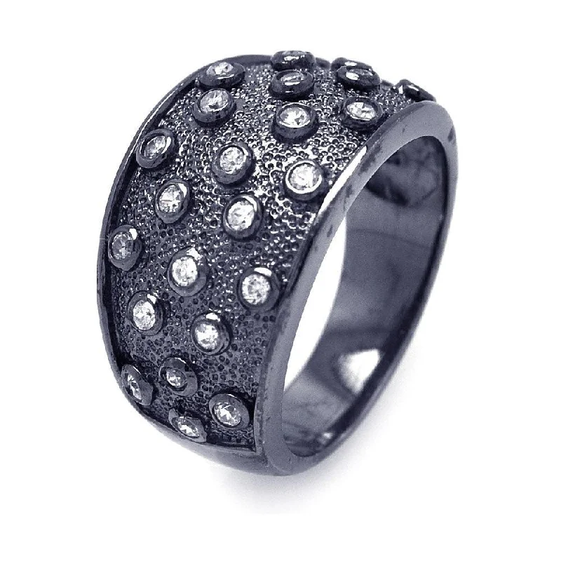 Silver 925 Black Rhodium Plated CZ Textured Cigar Band Ring - STR00825