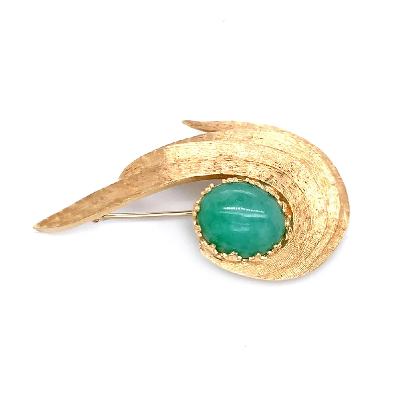 Yellow Gold & Green Stone Brooch - "Feathered"