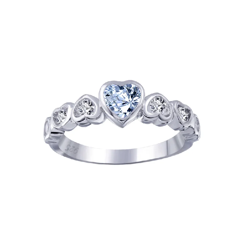 Silver 925 Rhodium Plated Blue Center CZ Heart Ring - BGR00014B