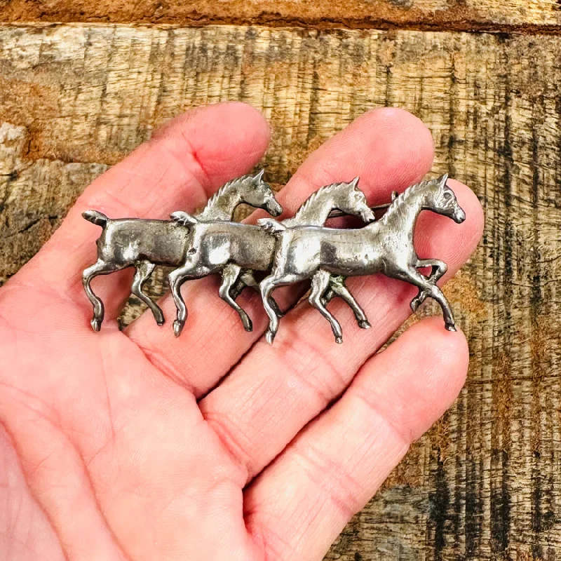 Vintage Heavy Solid Sterling Silver Triple Horse Pin