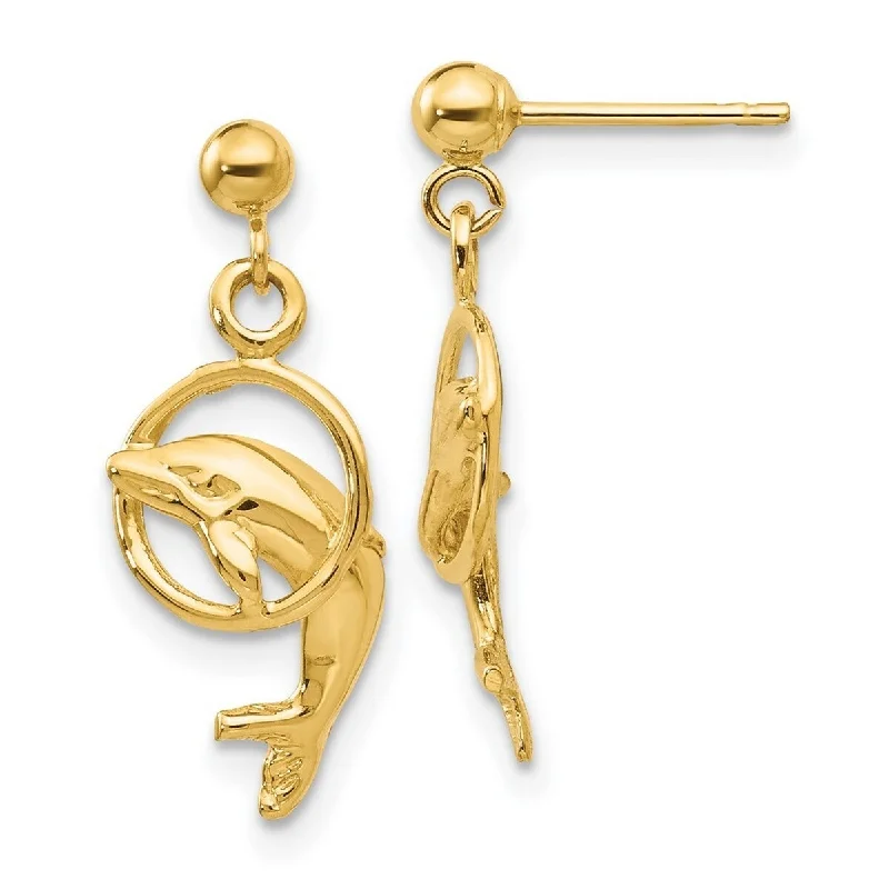 Curata 14k Yellow Gold Dangle Polished Dolphin Post Earrings 22x9mm