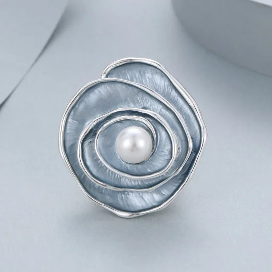 Silver Plated Magnetic Brooch | Elegant Blue Flower Design with Pearl