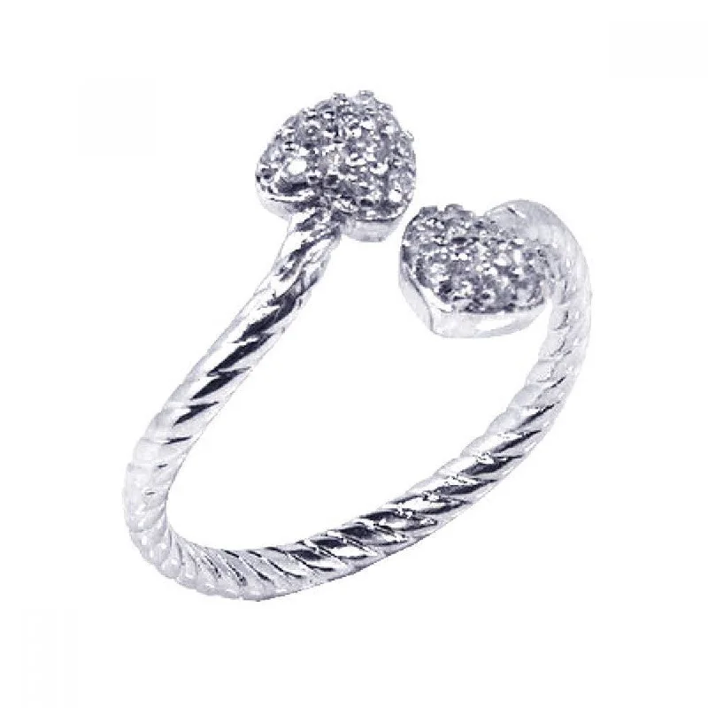 Silver 925 Rhodium Plated CZ Adjustable Double Heart Ring - STR00328