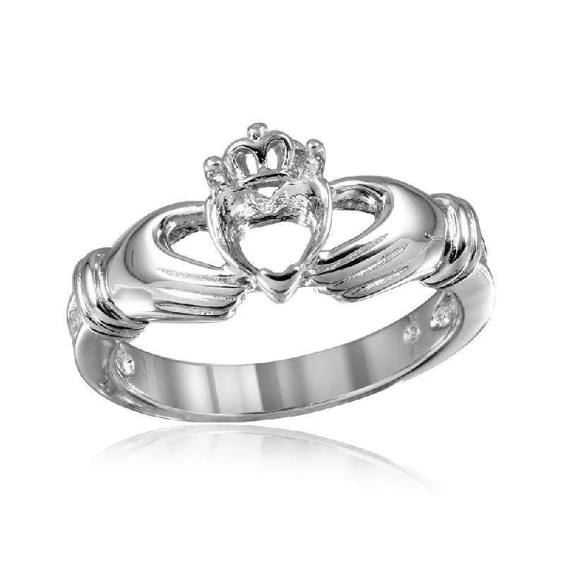 Silver 925 Rhodium Plated Claddagh CZ Heart Mounting Ring - BGR00491