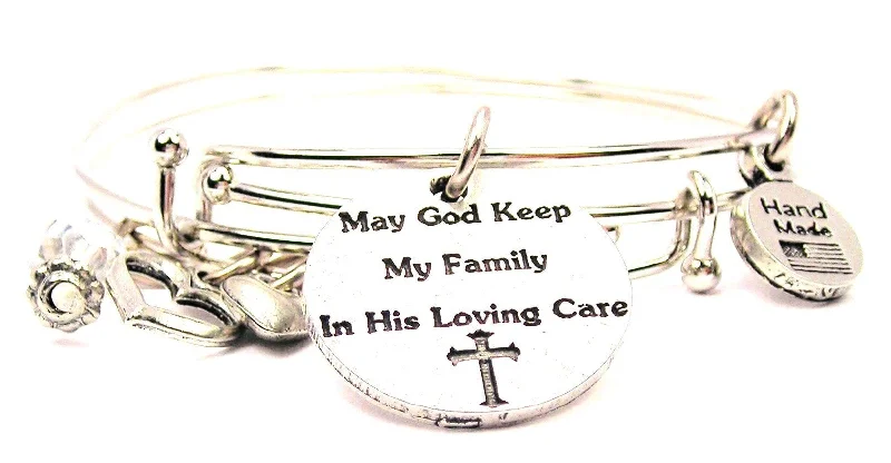 May God Keep My Family In His Loving Care Expandable Bangle Bracelet Set