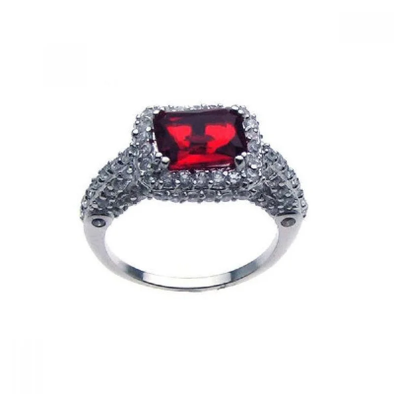 Silver 925 Rhodium Plated Red Center Pave Set Clear CZ Ring - STR00475