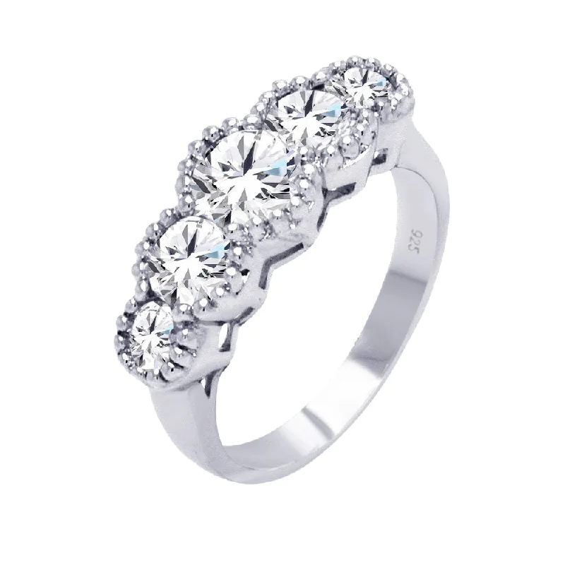 Silver 925 Rhodium Plated 5 Stone Set Clear CZ Ring - BGR00278