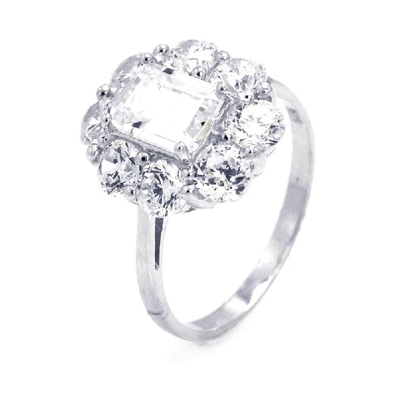 Silver 925 Rhodium Plated Rectangular Center CZ Flower Ring - STR00647