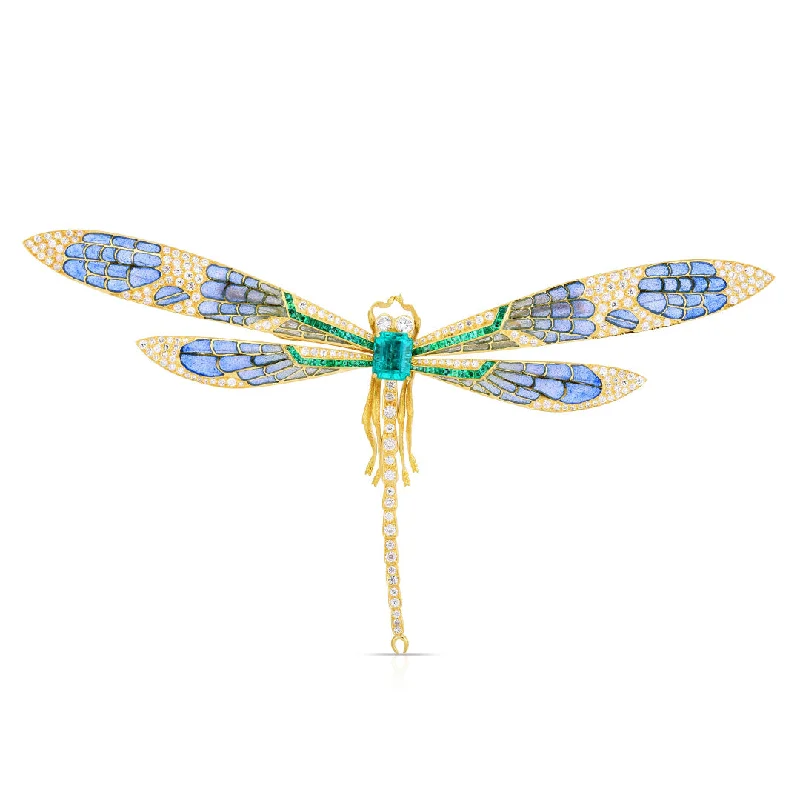 Plique-à-Jour Emerald & Diamond Dragonfly Brooch