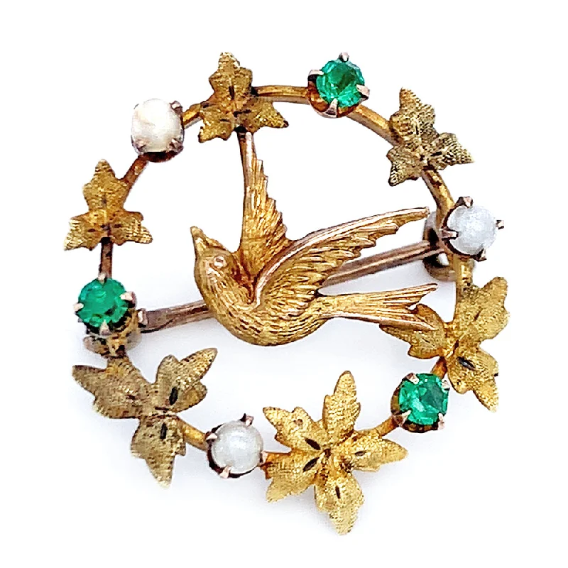 Yellow Gold & Pearl Wreath Brooch - "Sparrow"