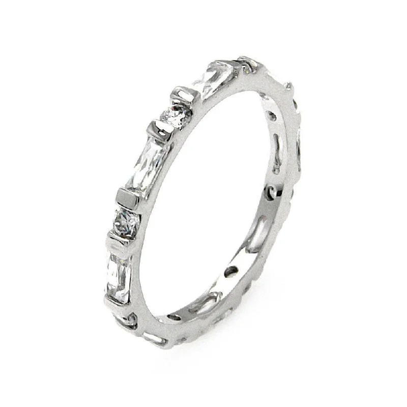 Silver 925 Rhodium Plated Clear Round and Baguette CZ Stackable Eternity Ring - BGR00556