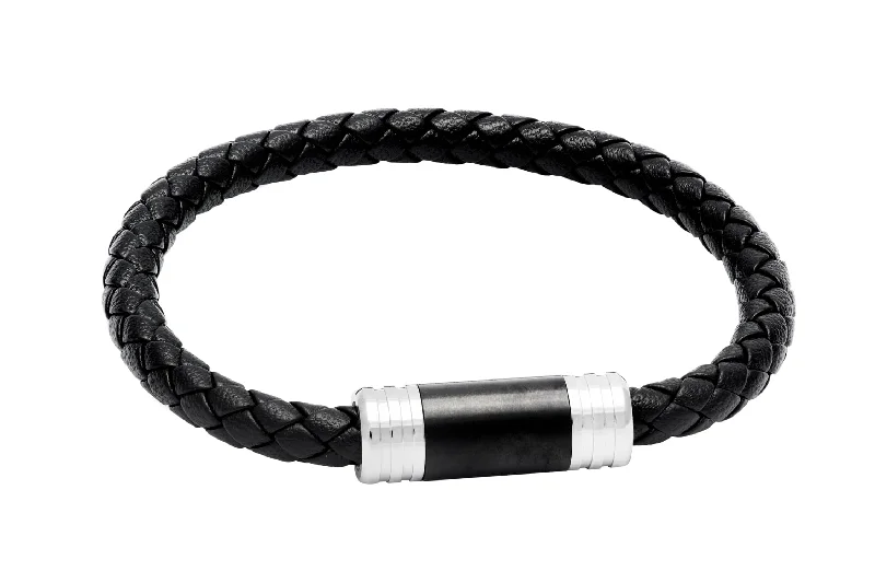 Anaheim Black Leather Stainless Steel Bracelet