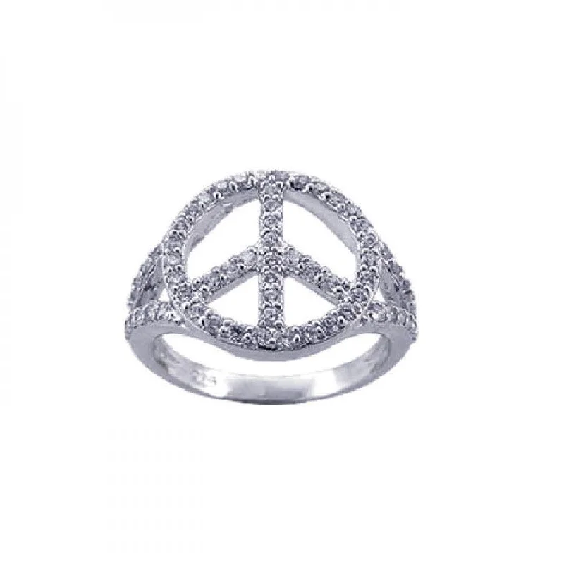 Silver 925 Rhodium Plated CZ Peace Sign Ring - STR00595