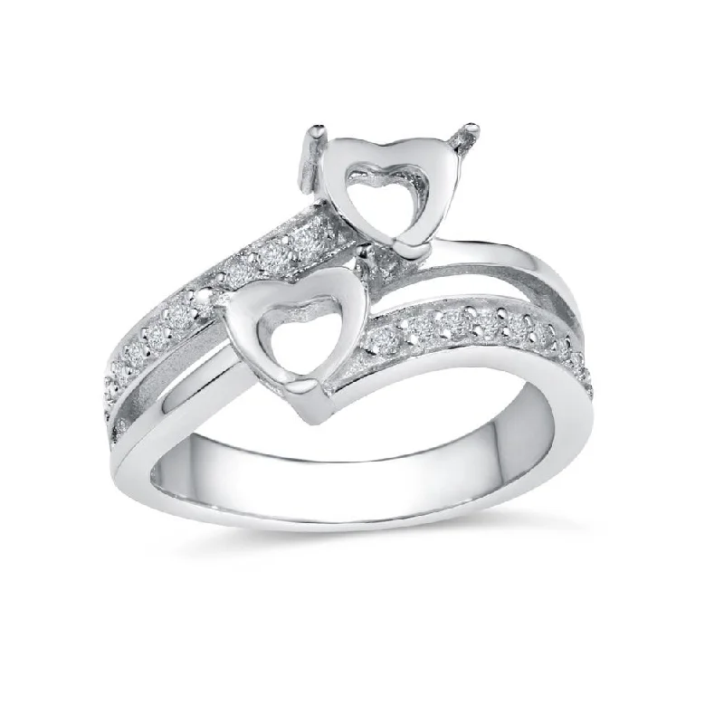 Rhodium Plated 925 Sterling Silver Double Heart Ring with CZ - BGR01021