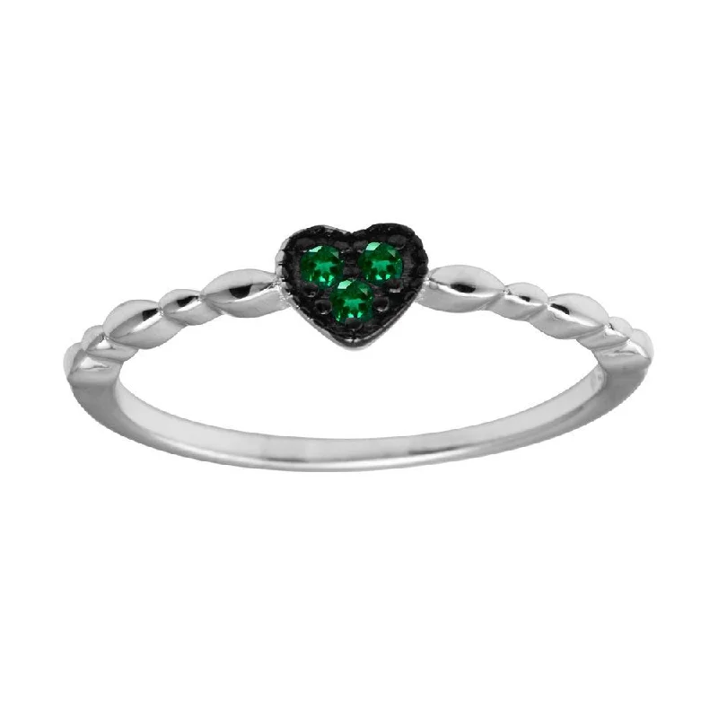 Rhodium Plated 925 Sterling Silver Heart 3 Green CZ Ring - BGR01227GRN