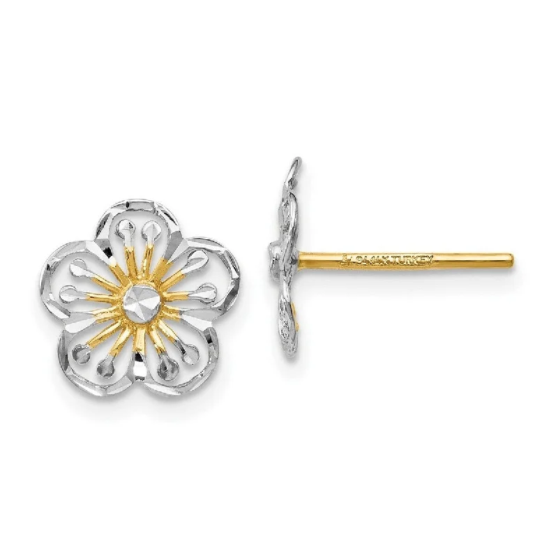 Curata 14k Yellow Gold With White Rhodium 10mm Diamond Cut Flower Post Earrings