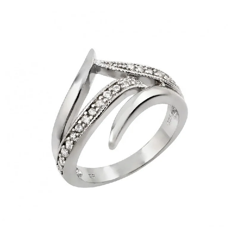 Silver 925 Rhodium Plated Clear CZ Intersecting Line Ring - STR00971