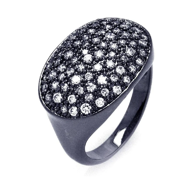 Silver 925 Black Rhodium Plated Pave Set Clear CZ Oval Ring - BGR00331