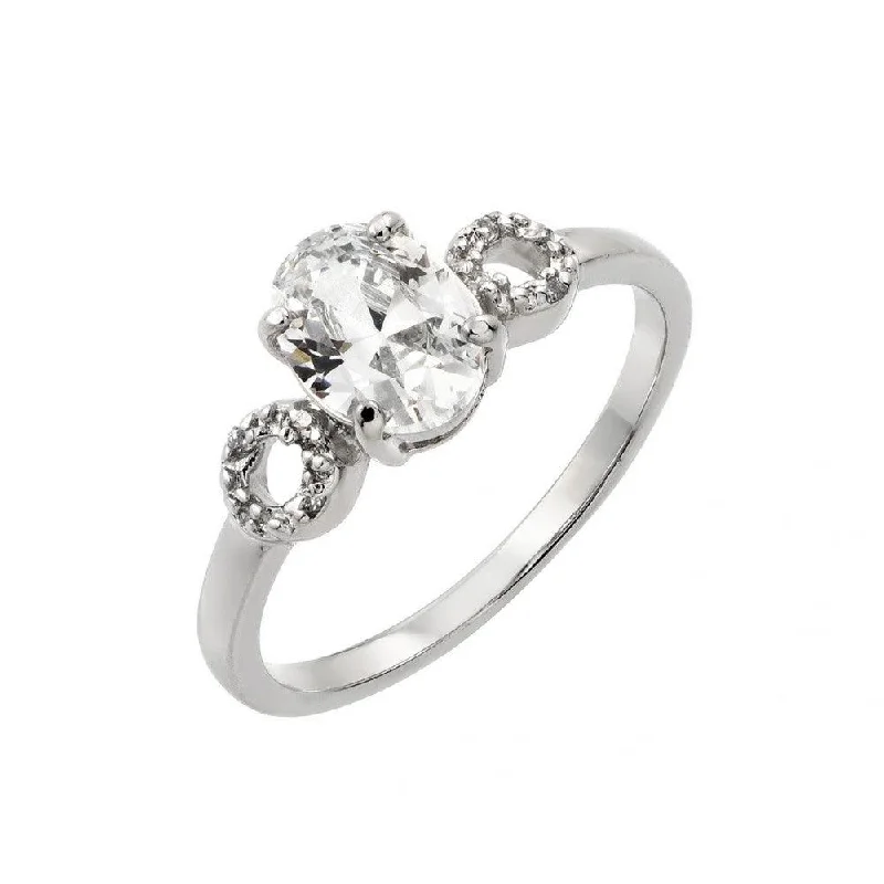 Silver 925 Rhodium Plated Clear Oval Center CZ Open Circle Sides Ring - BGR00853