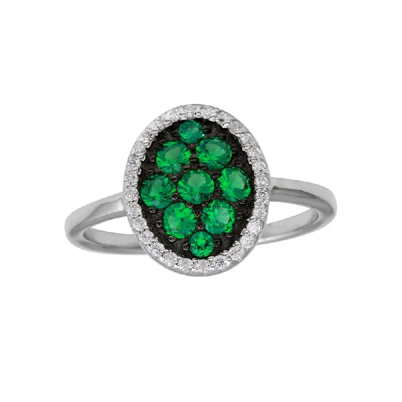 Rhodium Plated 925 Sterling Silver Oval Ring with Green and Clear CZ - BGR01233GRN