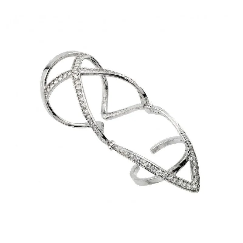 Silver 925 Rhodium Plated Knuckle Extension CZ X V Ring - GMR00031