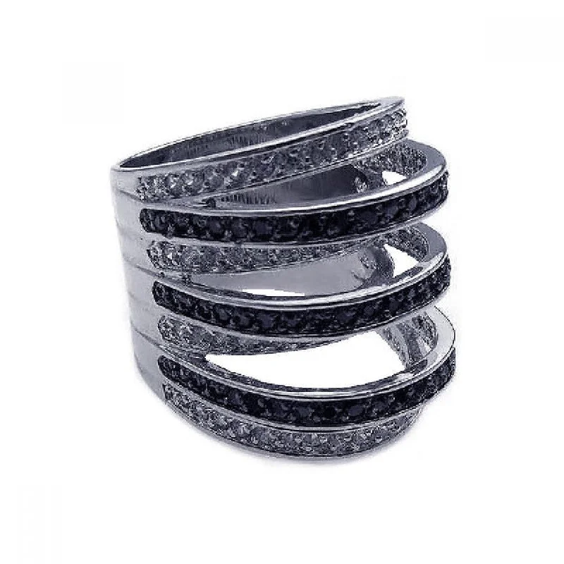 Clearance-Silver 925 Rhodium and Black Rhodium Plated Black and Clear CZ Stripe Ring - BGR00171