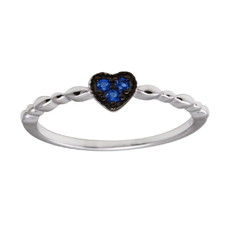 Rhodium Plated 925 Sterling Silver Heart 3 Blue CZ Ring - BGR01227BLU