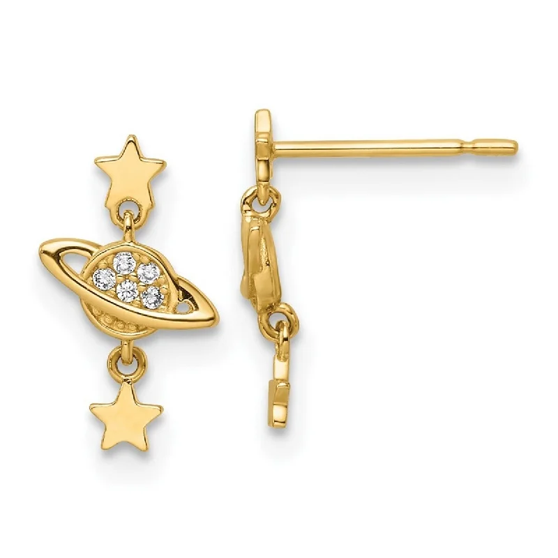 Curata 14k Gold CZ Cubic Zirconia Saturn and Stars Dangle Post Earrings - 12.5x7.5mm Wide