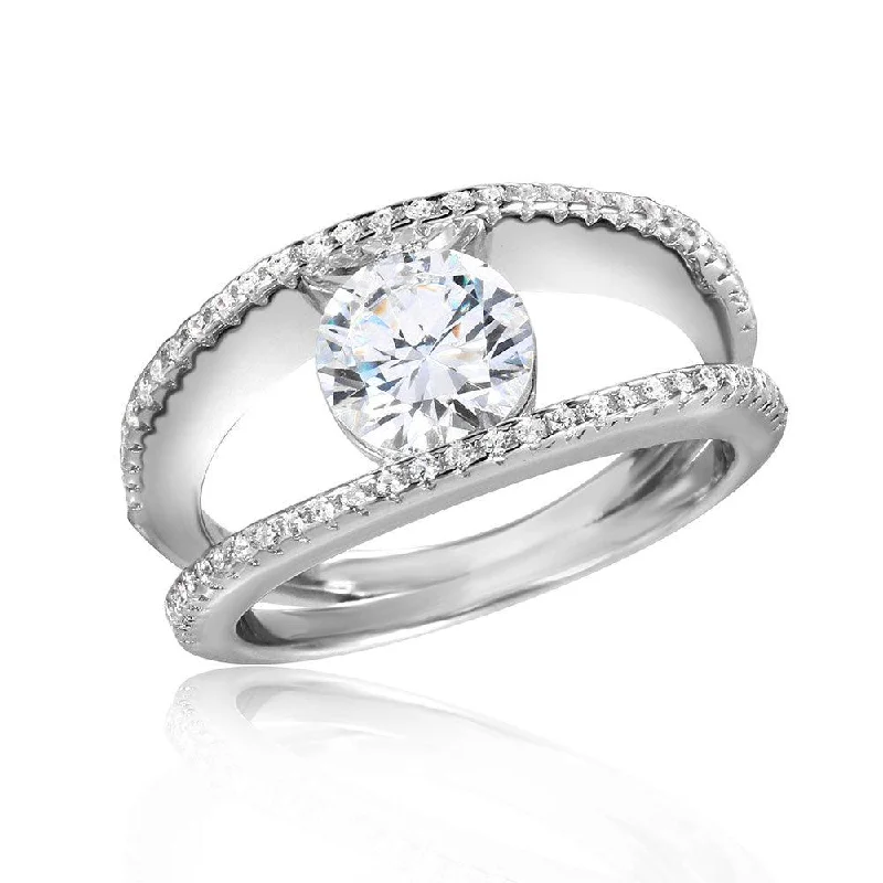 Silver 925 Rhodium 2 Row CZ Band with A 7mm Center Stone Ring - STR01046