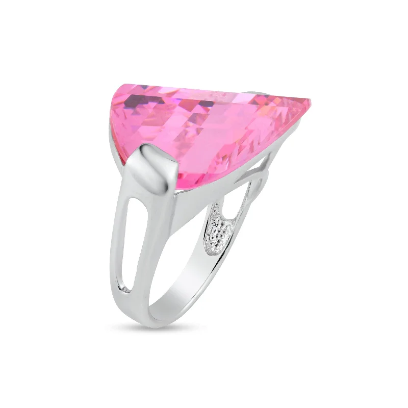 Silver 925 Rhodium Plated Big Pink CZ Ring - BGR00027