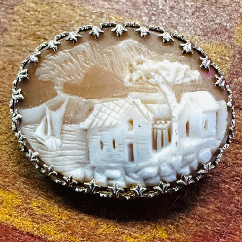 Antique Otsby Barton 10K White Gold Carved Shell Cameo Pin Brooch