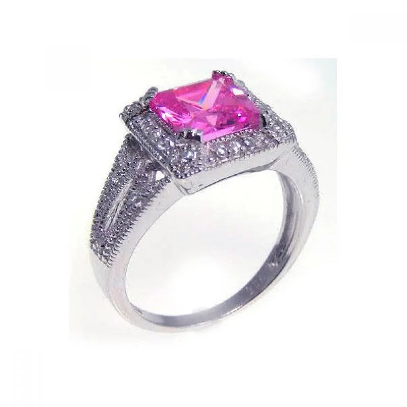 Silver 925 Rhodium Plated Princess Cut Pink and Clear Cluster CZ Ring - STR00534