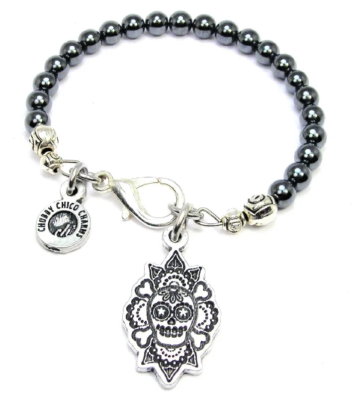 Sugar Skull And Crossbones Hematite Glass Bracelet