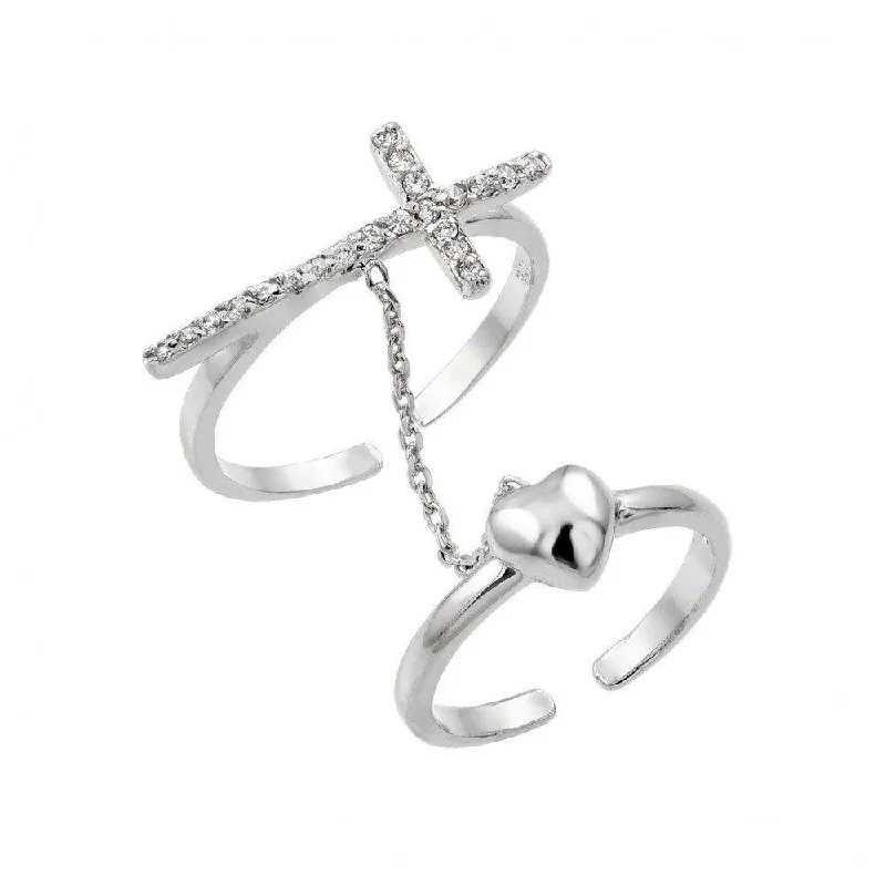 Silver 925 Rhodium Plated Clear CZ Cross Heart Knuckle Slave Ring - BGR00885