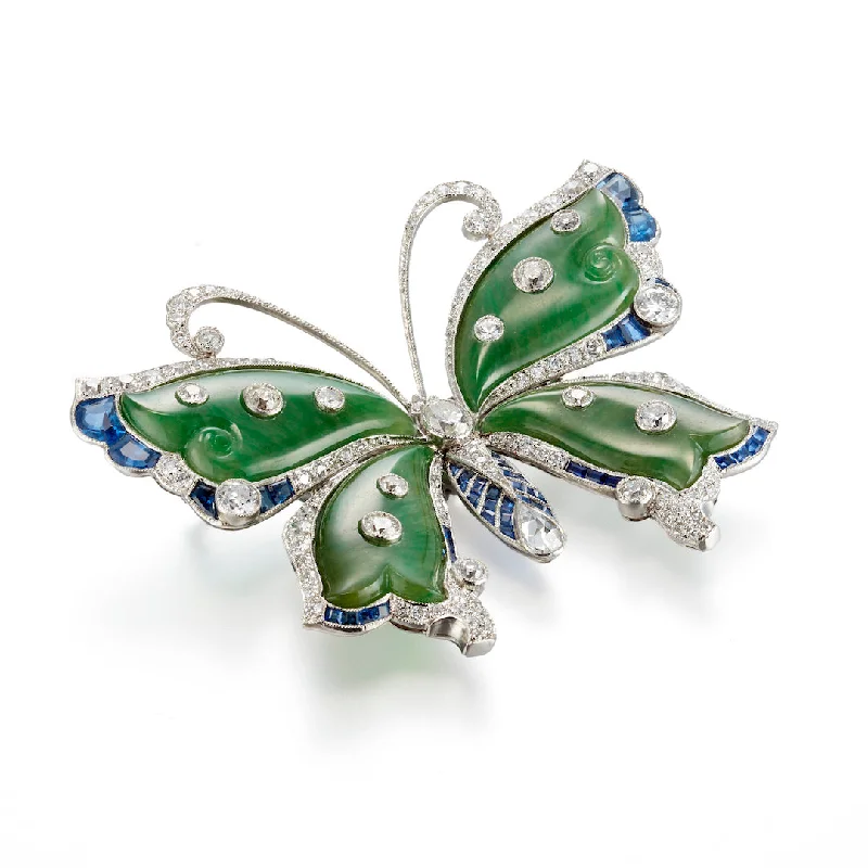 Green Jade & Diamond Butterfly Brooch